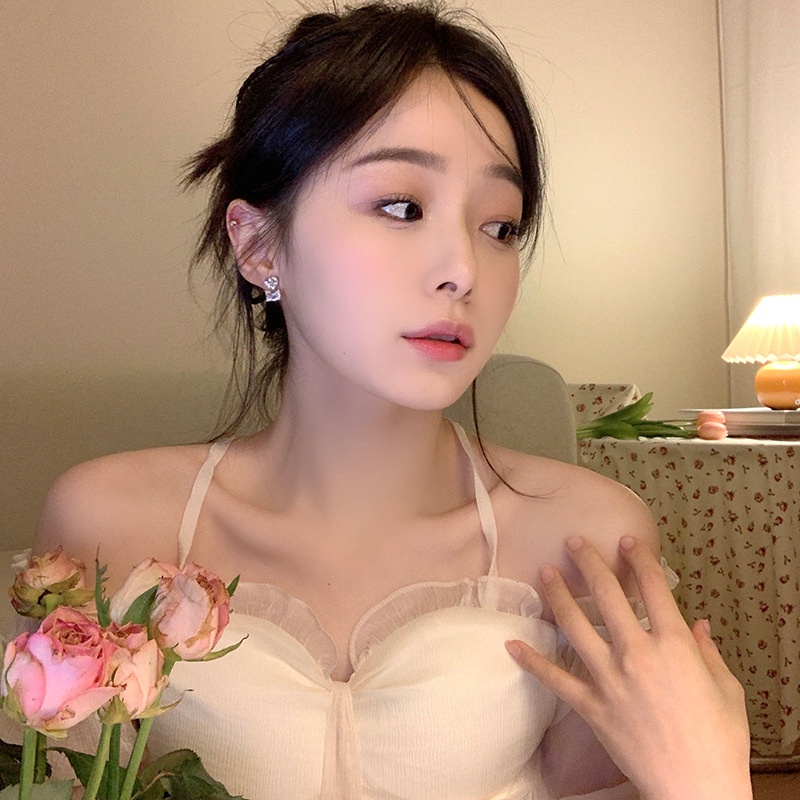 Bông Tai Mạ Bạc 925 Hình Trái Tim Đính Kim Cương Phong Cách Mới