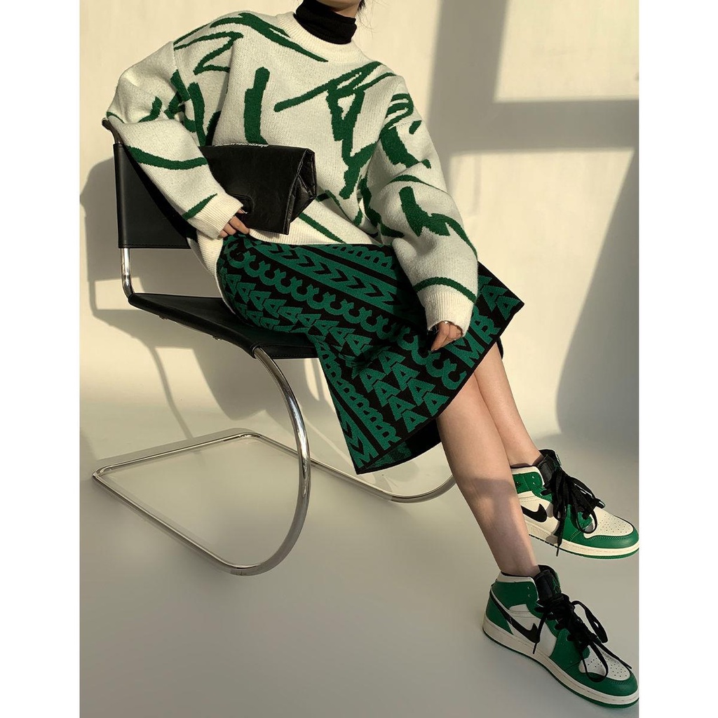 Chân Váy Dệt Kim Eo Cao Co Giãn In Chữ Phong Cách Retro Mùa Thu Đông Dành Cho Nữ
