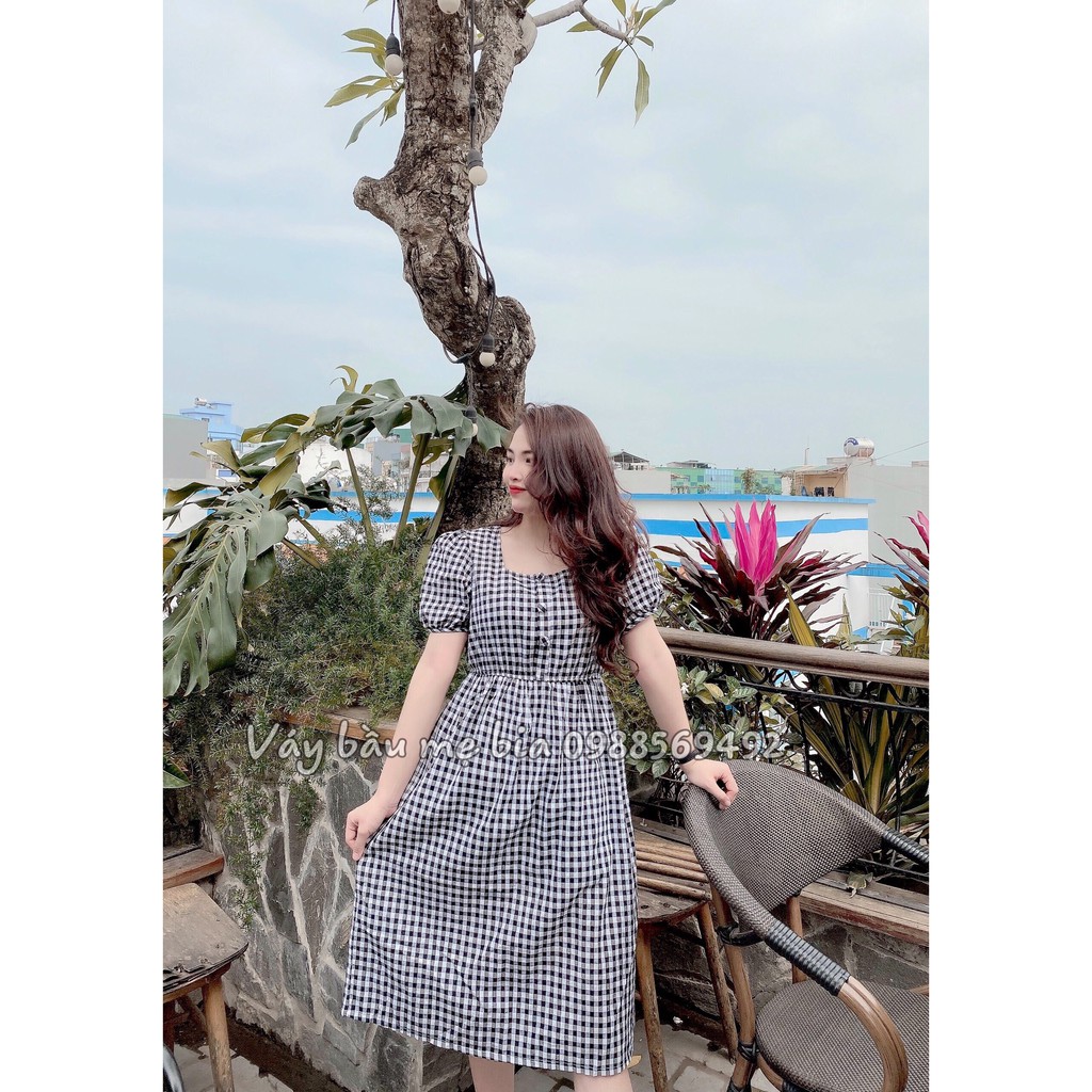 Váy bầu bigsize - Đầm bầu thiết kế GuMe kẻ caro cổ vuông cúc bọc kiểu dáng babydoll chất vải thô cotton mềm_MB228
