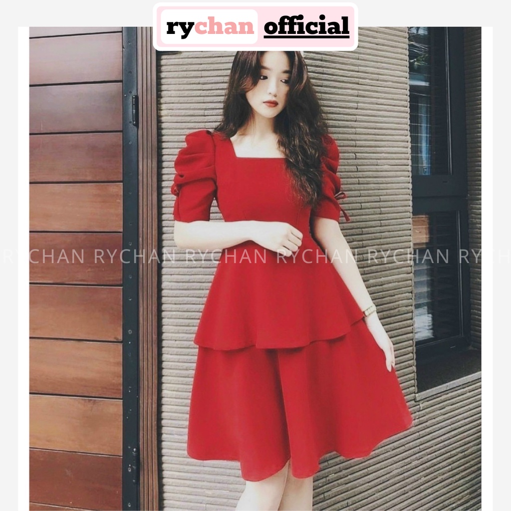 Đầm Xòe Cổ Vuông Tay Nơ Phồng 2 Tầng Nữ Tính 3 Màu Trắng Nude Đỏ [Ảnh Thật Cuối] - DX0092