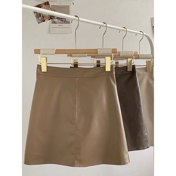 Chân váy da tông màu nâu vintage dáng chữ A dáng ngắn có quần trong đi làm đi chơi du lịch