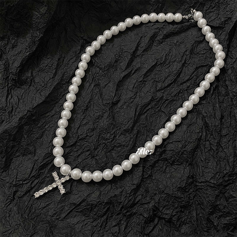 Dây chuyền 22496 mặt thánh giá đính ngọc trai phong cách hip hop thời trang đường phố độc đáo