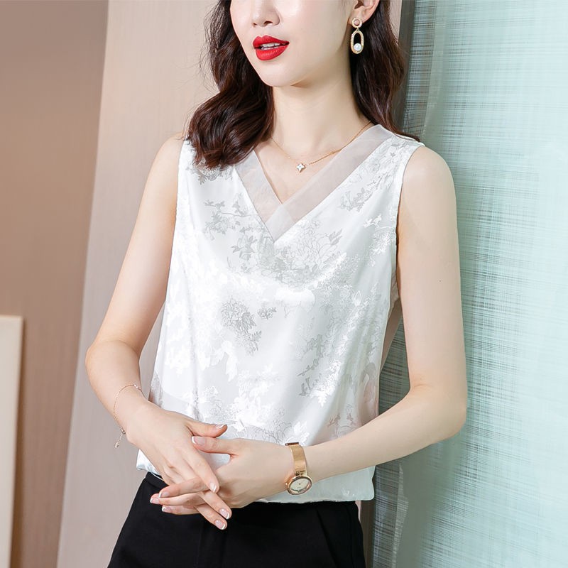 ▫Satin cổ vest nữ có dây đai rộng Mặc một chiếc áo cộc tay màu trắng phông với váy mùa hè của mẹ trong bộ đồ [Đăn