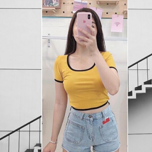 Áo Croptop phối viền Tay Ngắn Cổ U - HÌNH THẬT VIDEO