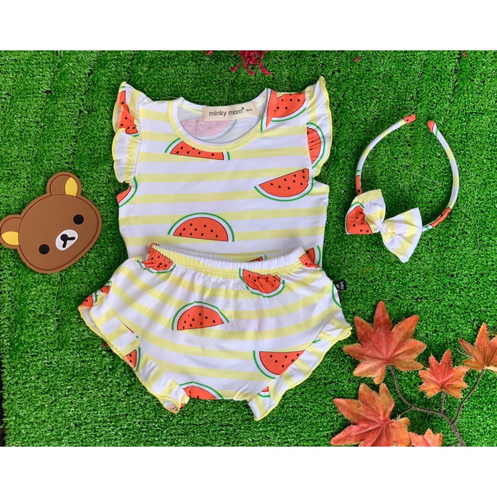 [Kèm cài tóc] Bộ đồ thun lạnh MinkyMom áo tay cánh tiên quần chip in hình dưa hấu siêu xinh cho Bé Gái 4-15kg (Ảnh thật)