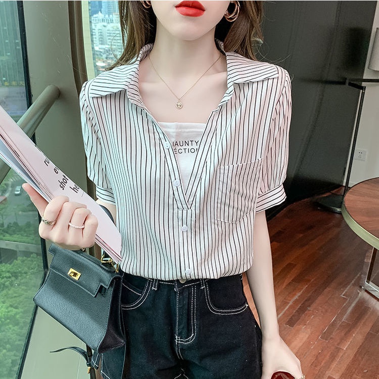 Áo Sơ Mi chiffon Ngắn Tay Cổ Chữ v Họa Tiết Kẻ Sọc Thời Trang Xu Hướng Mùa Hè Mới Cho Nữ