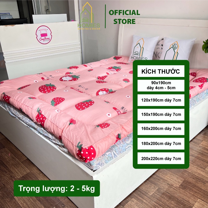 Nệm Topper Dâu Tây Hồng HOMIES Tấm làm mềm đệm cotton Đũi Hàn quốc mới nhất 2020 - Có Chun 4 Góc Cố Định Đệm