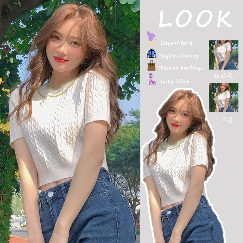 Áo Phông Áo Croptop Áo Thun Dệt Kim Tay Ngắn Cổ Tròn Màu Sắc Tương Phản Thời Trang Cho Nữ