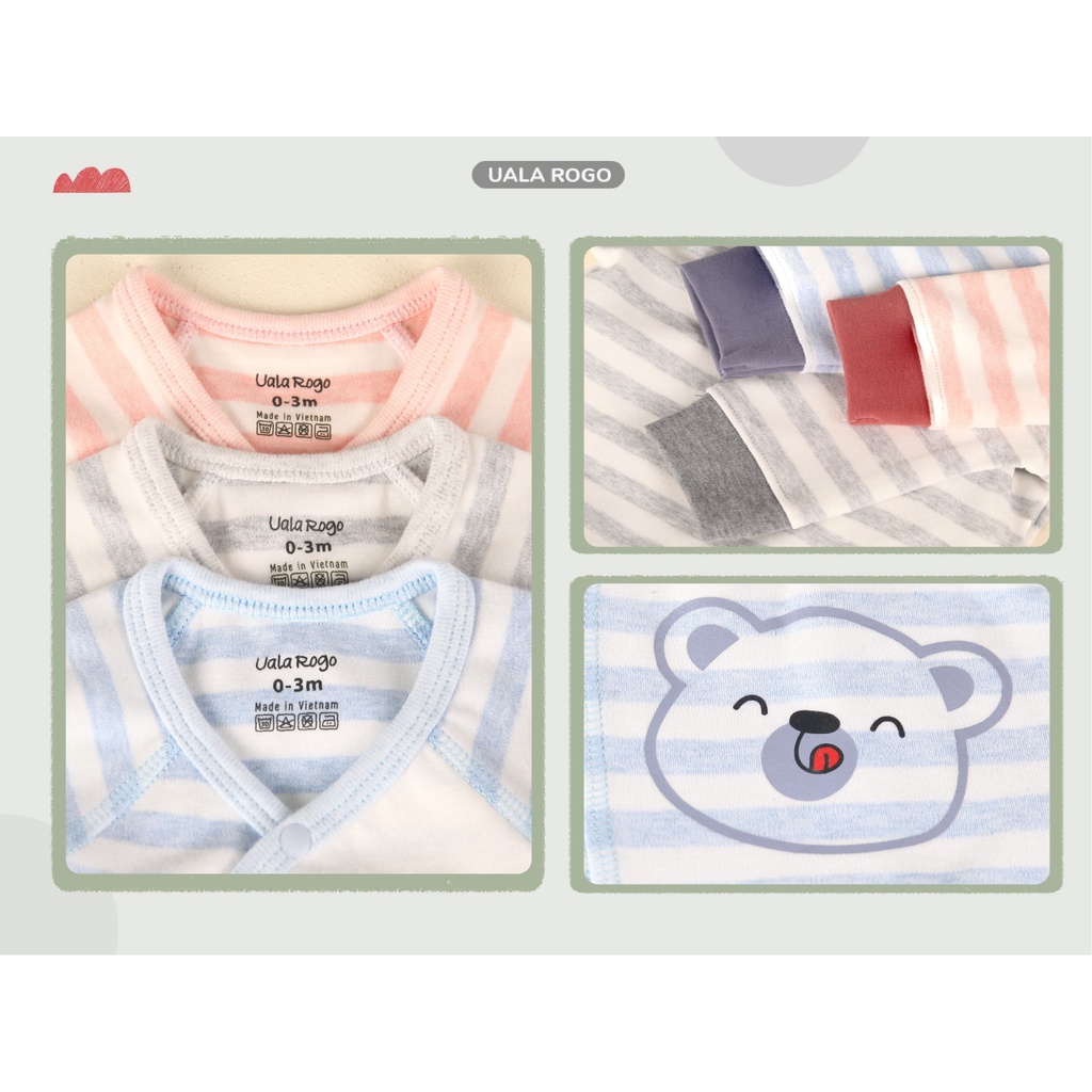 Bộ Uala Rogo Cotton sơ sinh kẻ phối màu gấu teddy cài chéo cao cấp mềm mịn thấm hút tốt cho bé trai bé gái 3934