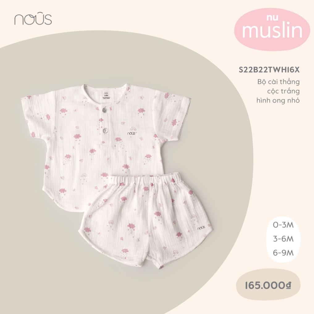 Bộ Quần Áo Cộc Cài Thẳng Cao Cấp Nous Màu Trắng Hình Ong Nhỏ - Cho Bé Gái-Chất Liệu Nu Muslin (Size Từ 3-9 M)