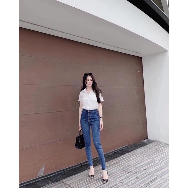 Áo sơ mi cộc tay, sơ mi trắng nữ gu tay gập gấu