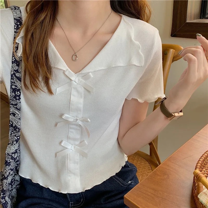 Áo Dệt Kim Nữ Màu Đen Tím Trắng Xanh Có Nơ Cổ Sơ Mi Ngắn Tay Co Dãn Chất Mongtoghi Loại 1 Style Hàn Quốc