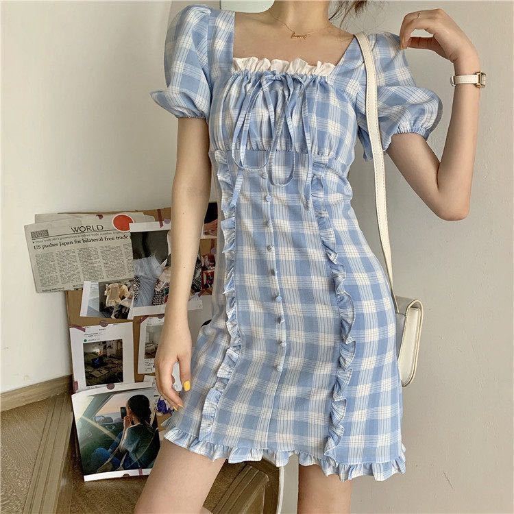 Đầm Tay Phồng Họa Tiết Sọc Caro Ôm Eo Thời Trang Mùa Hè Kiểu Pháp Dành Cho Nữ | BigBuy360 - bigbuy360.vn
