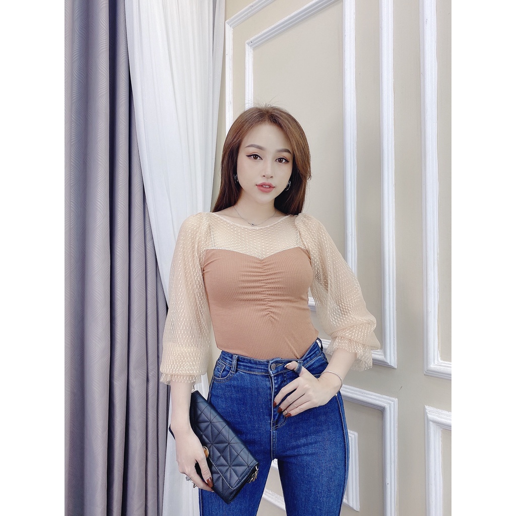Áo thun tay dài nữ CRAZYTEEN AT0199 thun phối lưới sang trọng