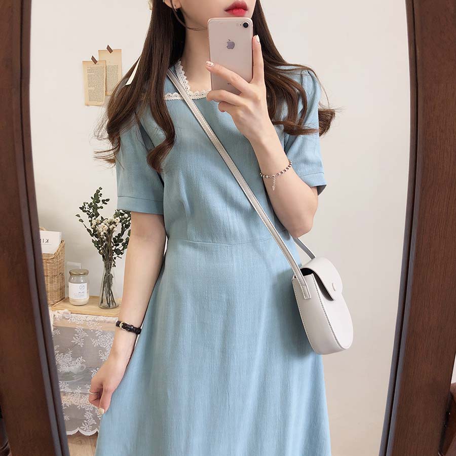 Váy Vintage - Đầm Nữ Cổ Vuông Phối Ren 4 Màu Đơn Giản | BigBuy360 - bigbuy360.vn