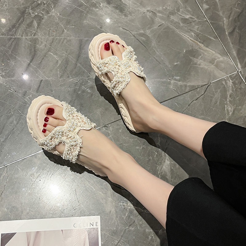 Dép bánh mì đế cao Dép đế xuồng Dép Sandal Đế Mềm Đính Ngọc Trai Thời Trang Mùa Hè 2022 Cho Nữ