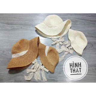 Mũ cói mềm vintage có quai buộc dây
