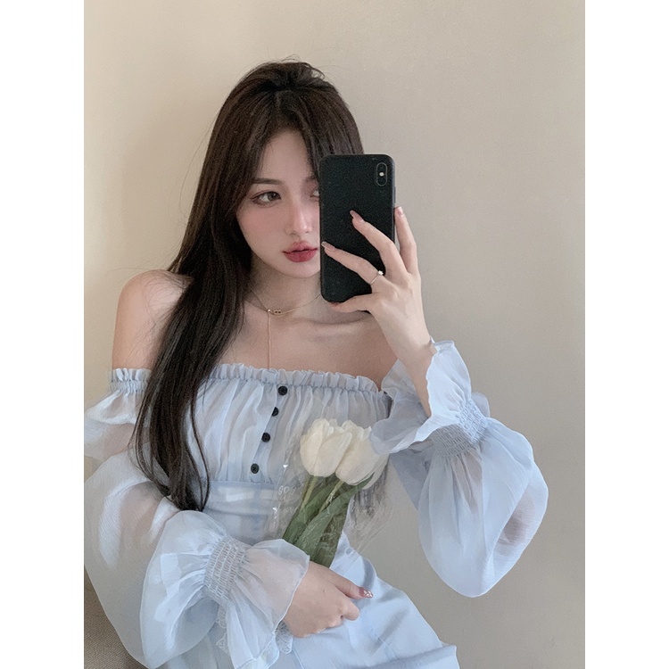 Váy voan xanh biển trễ vai