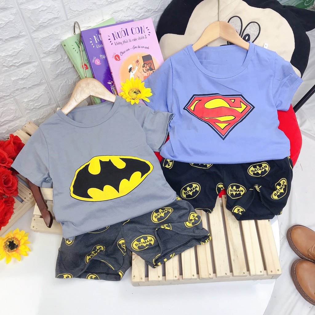 Quần áo bé trai, bộ cộc tay giá rẻ in hình siêu nhân anh hùng chất cotton 2 chiều cho bé 17-30kg