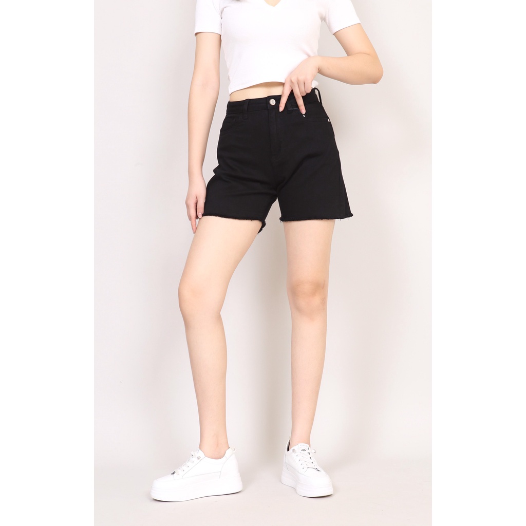 Quần Short Jean Nữ Lưng Cao Đen Trắng Gấu Tua Rua CT JEANS