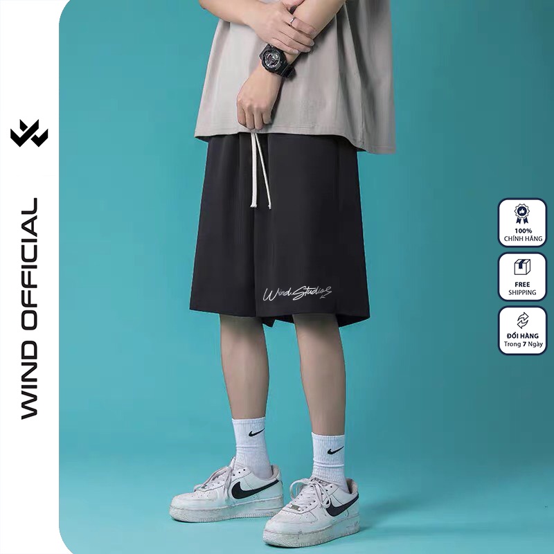 Quần short thun nam nữ WIND unisex ống rộng SIGNATURE đùi lửng ngố thời trang mặc nhà