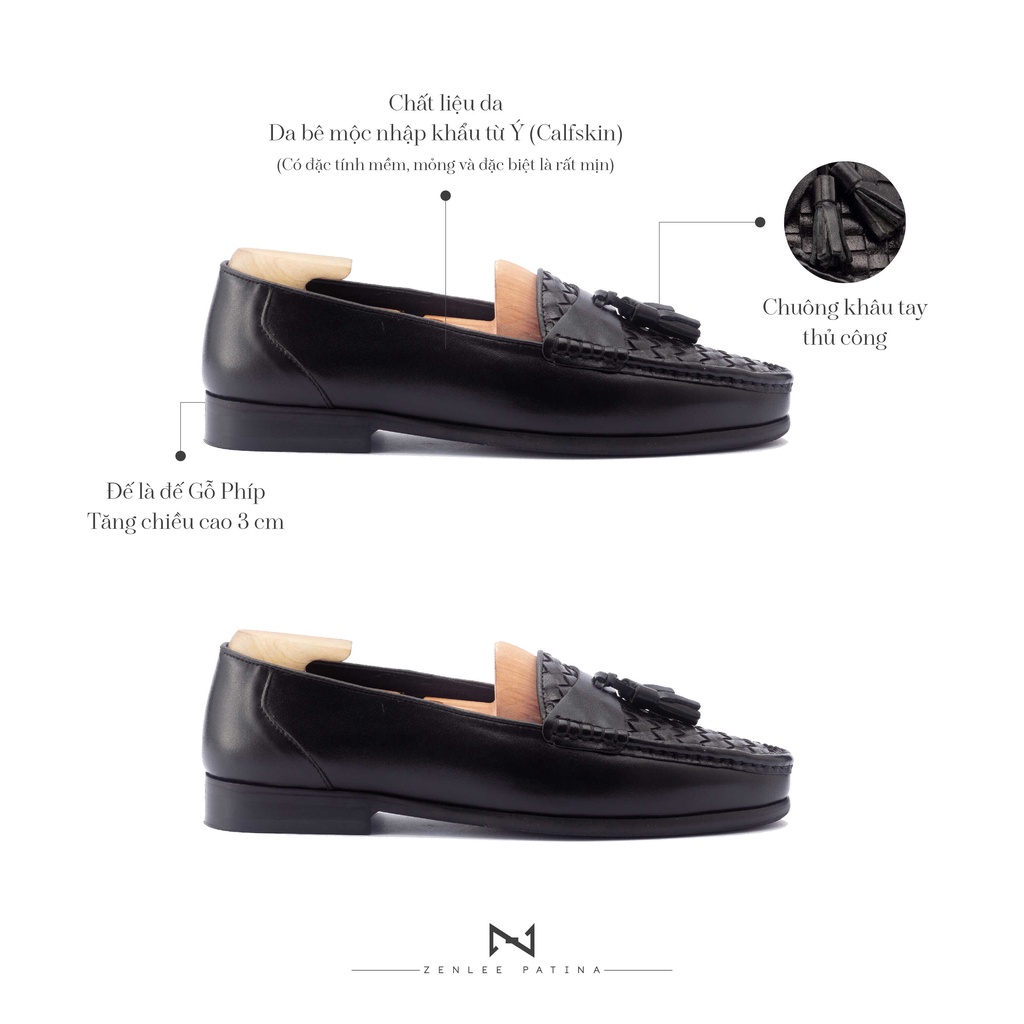 Giày lười da nam thủ công Patina ZENLEE LDDC01 kiểu dáng Tassel Loafer chuông khâu tay da bê thật bảo hành trọn đời