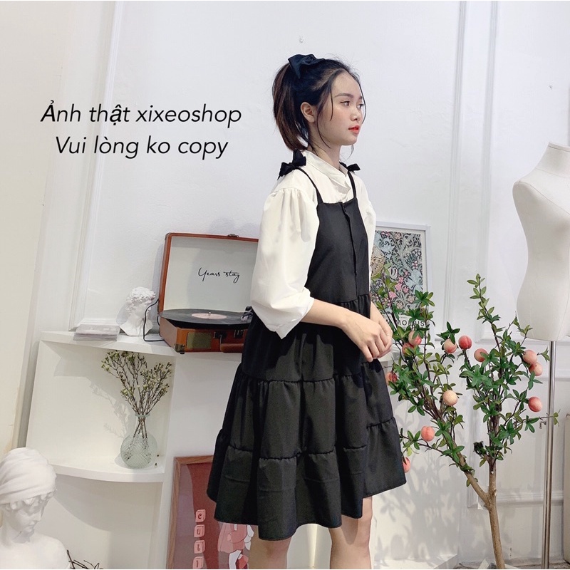 Váy yếm nữ kèm áo sơ mi trắng phong cách Hàn Quốc xixeoshop - v1 | BigBuy360 - bigbuy360.vn