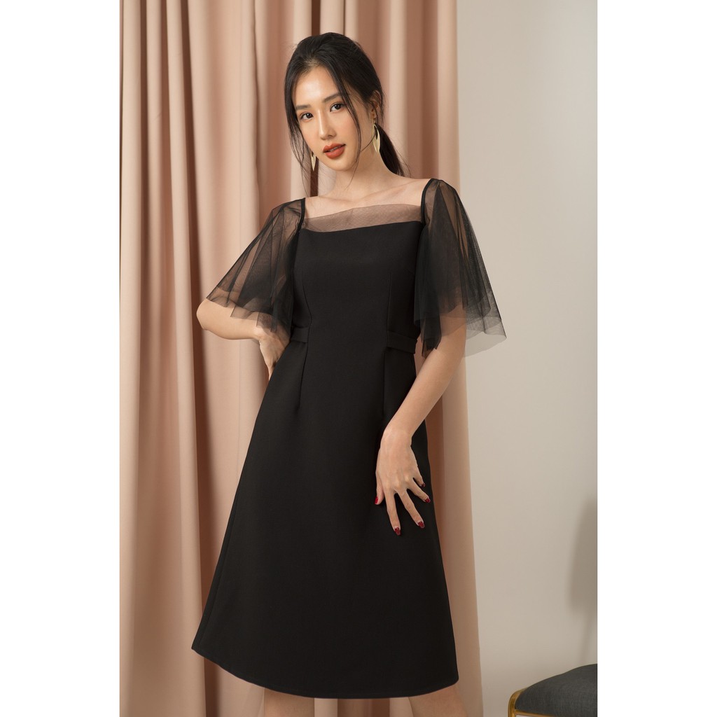 ĐẦM THẮT NƠ EO PHỐI TAY SHEER - D1118