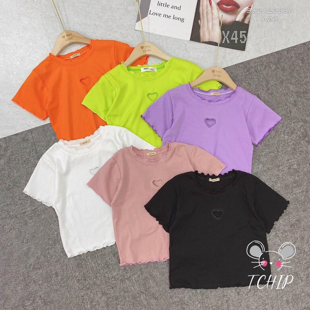 Áo kiểu croptop cuốn biên nhẹ khoét tim ngực cực xinh , chất thun thái mềm mịn