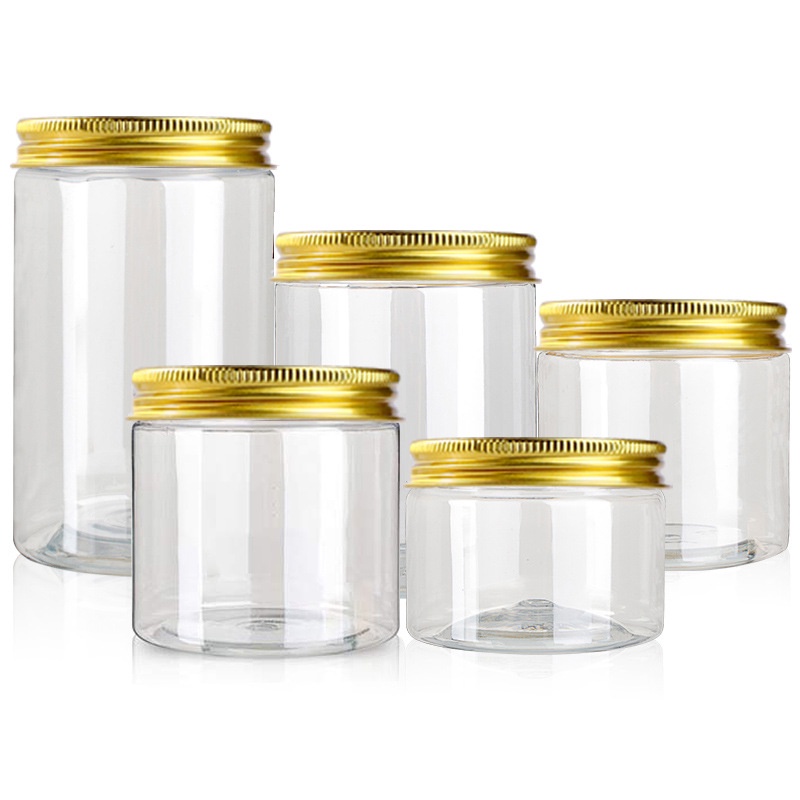 Multi-function PET Plastic Transparent Storage Cans/ Honey Tea Multigrain Food Jar with Gold Lid/ Kitchen Organize Container