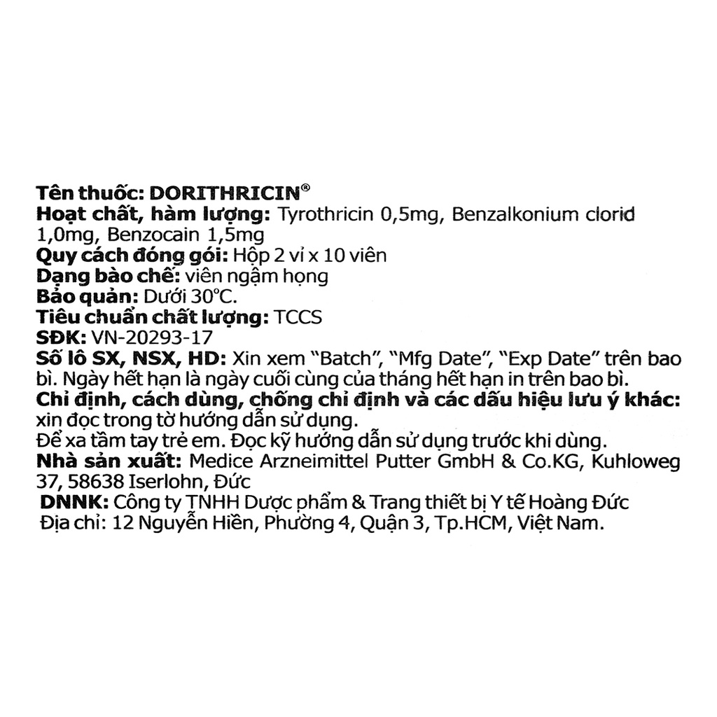Viên ngậm Dorithricin hộp 20 viên hàng Đức