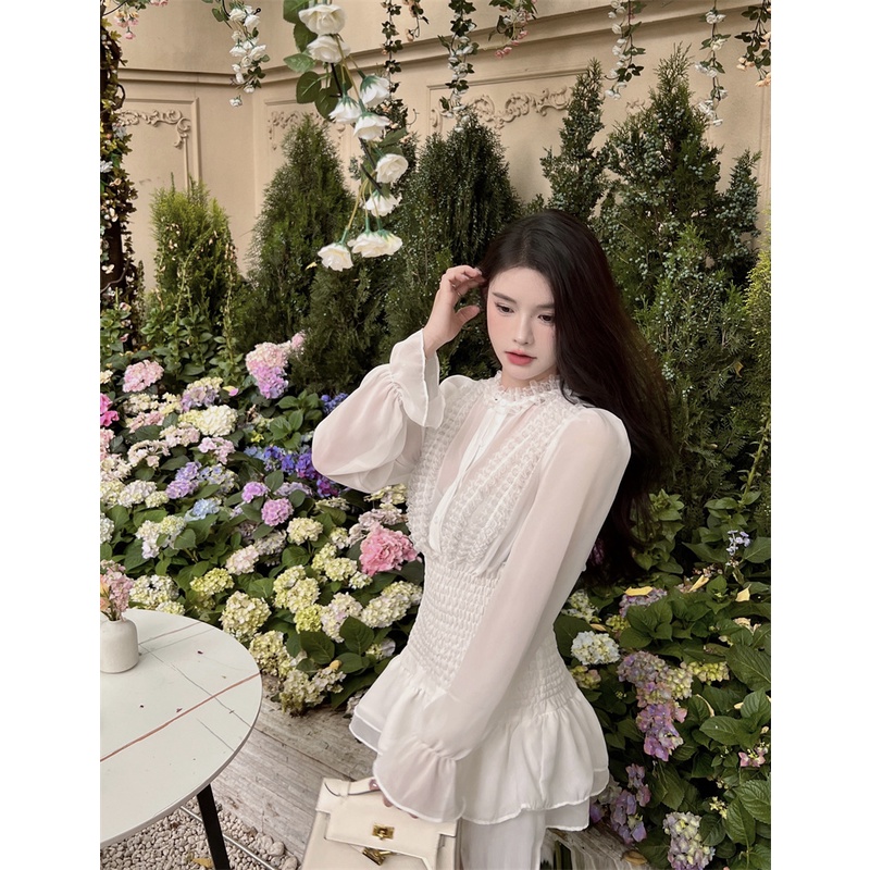 Đầm Chiffon Tay Dài Cổ Tròn Màu Trắng Thiết Kế Ôm Eo Thời Trang Hàn Quốc Cho Nữ