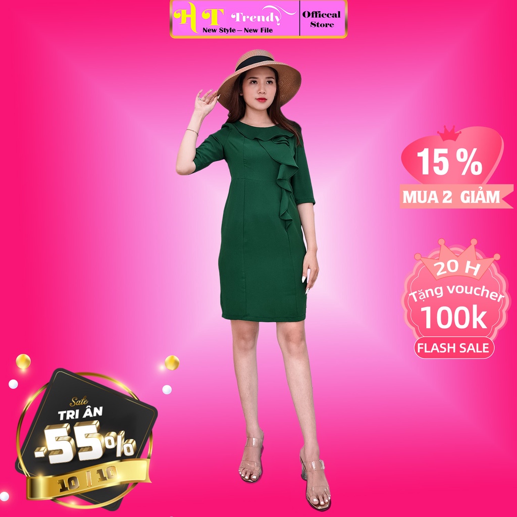 Đầm công sở dáng suông tay lỡ cổ tròn viền đuôi cá chất liệu cotton thời trang thiết kế HT TRENDY