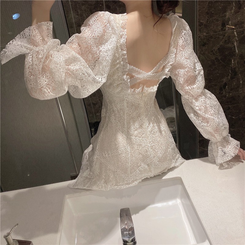 (Sẵn M) M65 - Đầm ren tiểu thư Ulzzang tay bồng thắt nơ ngực viền bèo siêu xinh