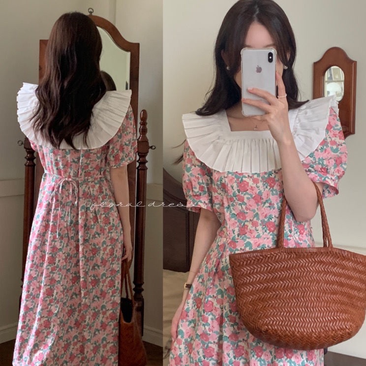 Đầm Hoa Tay Phồng Nhấn Eo Phong Cách retro Pháp Nữ Tính