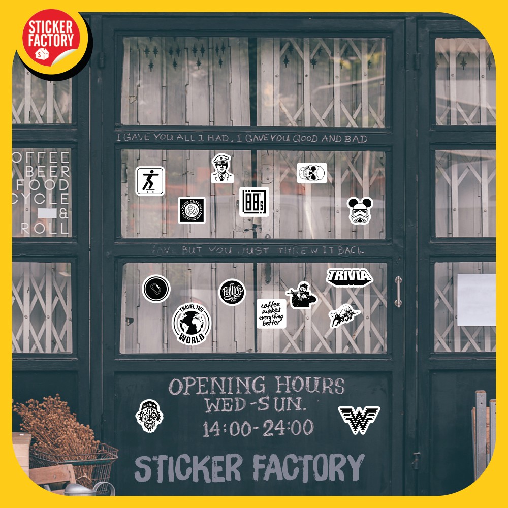 Black White - hộp set 100 sticker decal hình dán nón bảo hiểm , laptop, xe máy, ô tô - STICKER FACTORY