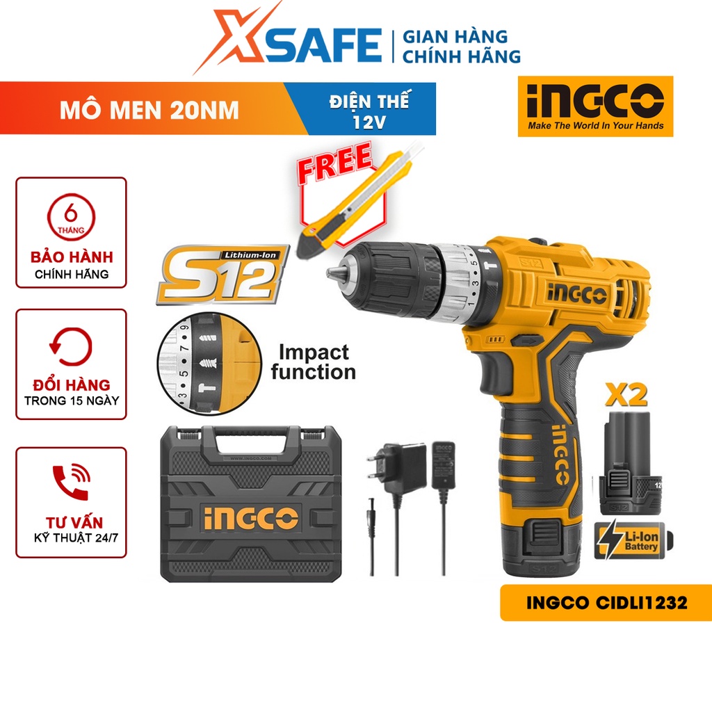 Máy khoan búa dùng pin cầm tay 12V 10mm INGCO CIDLI1232 tốc độ không tải 1350rpm, lực búa 22500bpm, gắn đèn led làm việc