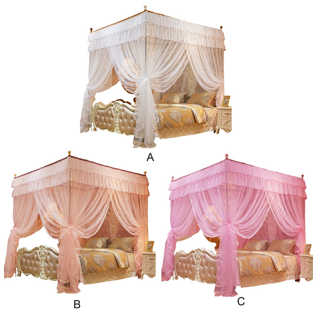 Mùng ngủ chống muỗi 4 thanh chống 4 góc kích thước 1.5*2m màu hồng phong cách công chúa/nữ hoàng