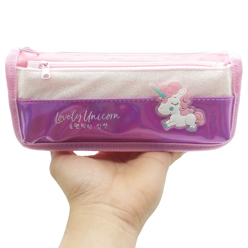 Bóp Viết Vải Polyester Stacom 2 Ngăn Hình Unicorn PB-2011A - Màu Hồng