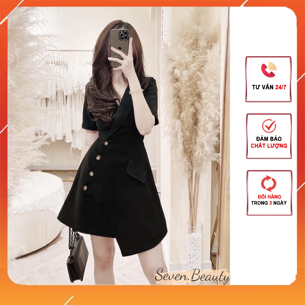 Váy Đầm thiết kế nữ 7.Beautiful đầm dự tiệc sang trọng Cổ Vest vạt chéo thanh lịch chất tuyết mưa hai màu đen trắng V110