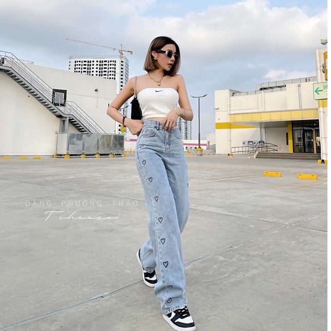 Quần Jeans Ống Rộng In Trái Tim Dọc - Quần Ống Rộng Nữ Dáng Suông Lưng Cao Ulzzang QJ45