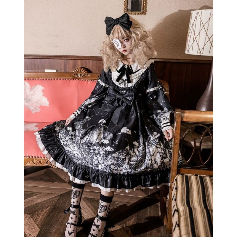 [Order] (6G2) Váy đầm Công chúa Lolita họa tiết búp bê ma mị đính nơ dáng xòe loại đẹp màu đen.