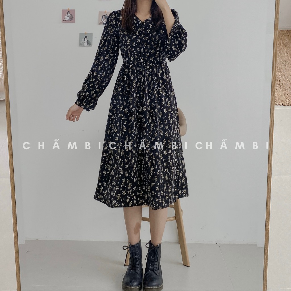 Đầm Babydoll Hoa Nhí Dài Tay Cúc Ngực Cổ V Freesize<53kg - V.046 | BigBuy360 - bigbuy360.vn