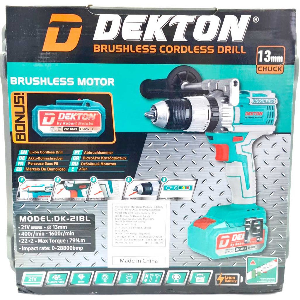 DK-21BL Máy khoan 3 chức năng 13mm Dùng pin 21V Dekton ( Brushless Không chổi than Có búa)