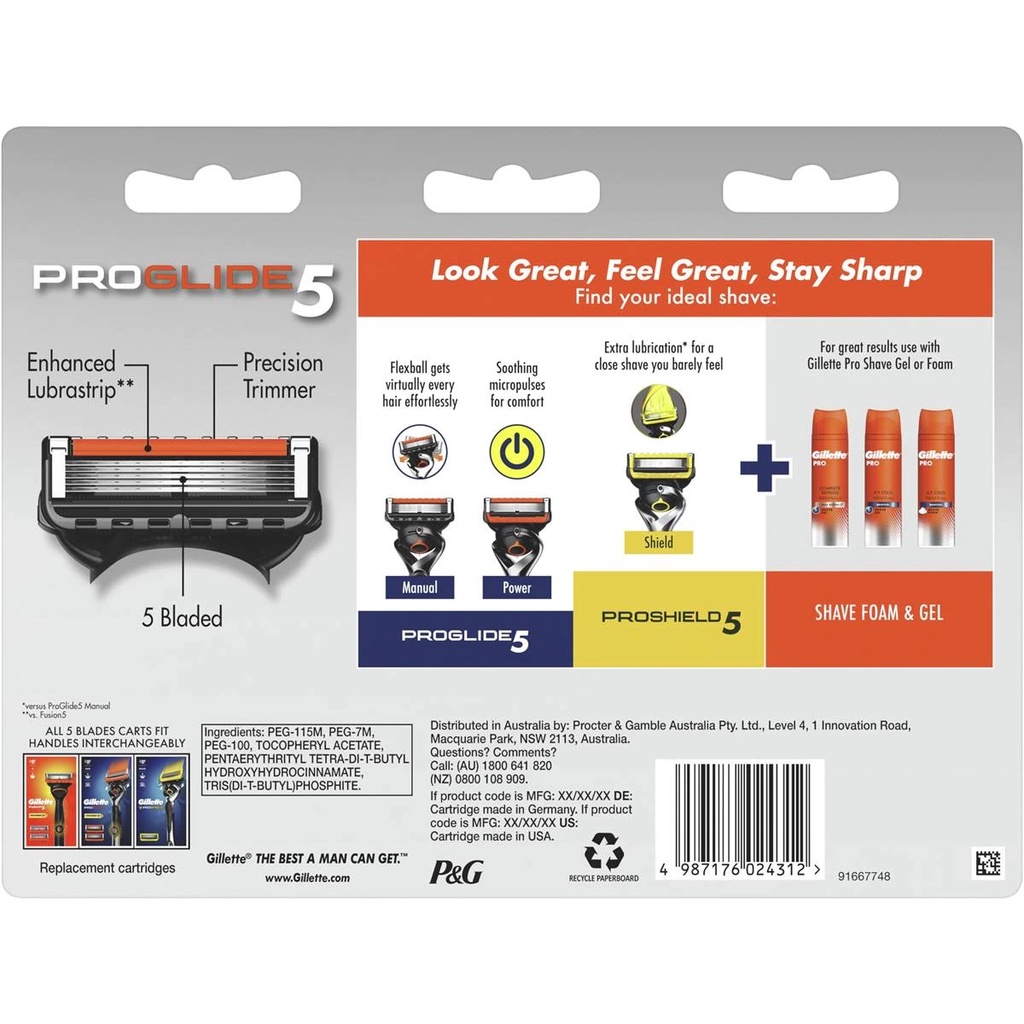 Lưỡi cạo râu Gillette Proglide 5 lưỡi (Cam) Vỉ 8 lưỡi