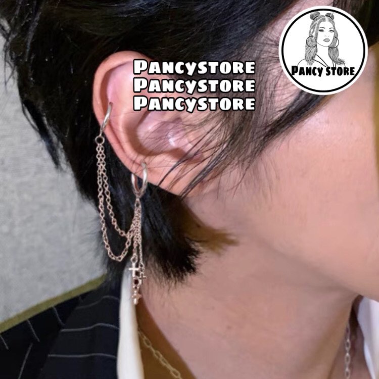 khuyên tai và kẹp vành tai dây xích thánh giá nhỏ titan không gỉ Unisex