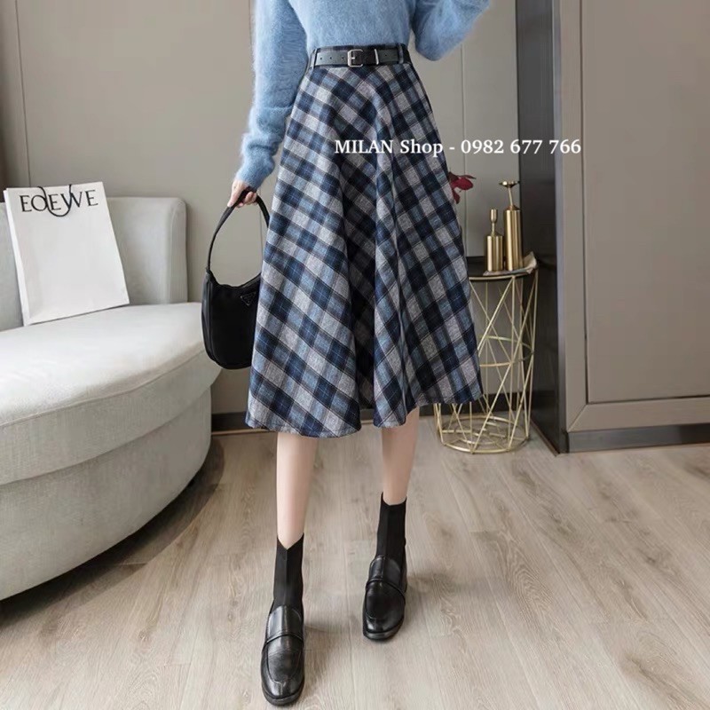 Chân váy dạ kẻ kèm đai dáng dài xoè A | BigBuy360 - bigbuy360.vn