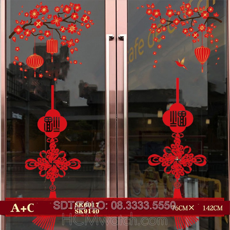 Decal Trang Trí Tết 2021 hình ảnh lồng đèn, pháo hoa, câu đối