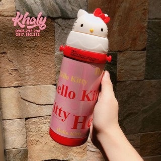 Bình nước giữ nhiệt có ống hút hình chữ Hello Kitty đầu nổi 3D màu hồng nhạt cho trẻ em, bé gái - (380ml) - KT3662