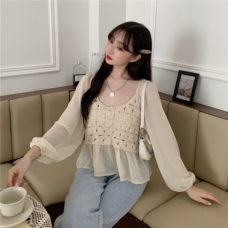 Áo kiểu SUXI phối chiffon tay ngắn phong cách Hàn Quốc thanh lịch thời trang dành cho nữ